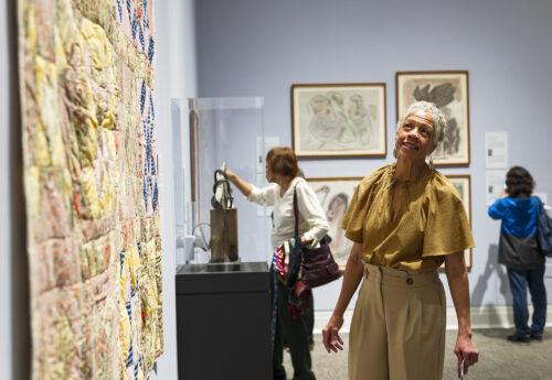 A woman looks at art