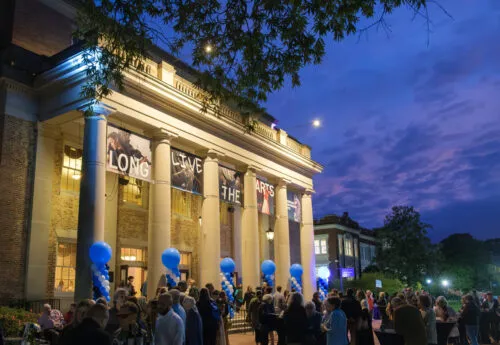 Carolina Performing Arts theater with banner that reads "Long live the arts."