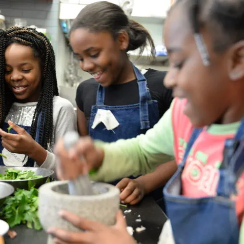 Three young girls preparing food with fresh herbs