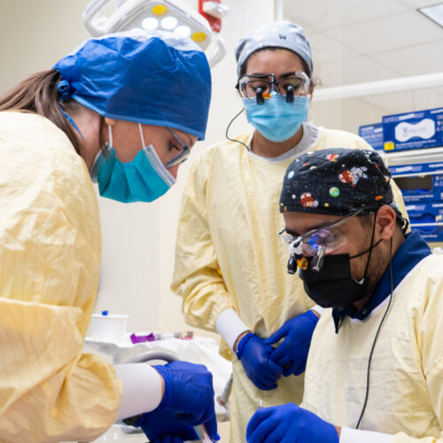 Three dental professionals wear gloves, yellow gowns and face masks as they work in a dental clinic.