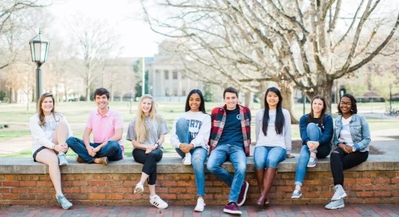 A group of UNC students sit along a low stone wall in the fall