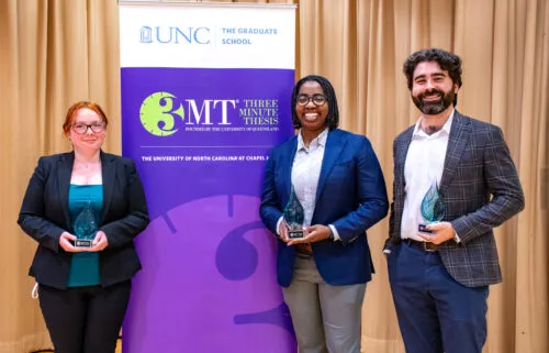 Nicole Peterson, Alita Miller and Parker Bach won prizes at the 3MT 2025 final round.