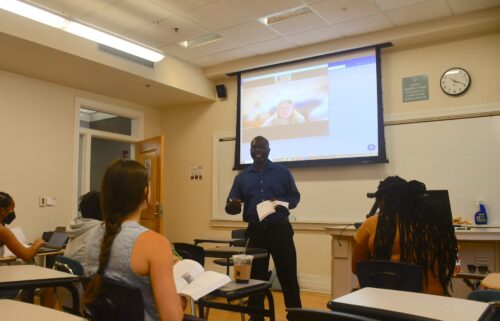 Mohamed Mwamzandi, teaching associate professor, instructs his Elementary Kiswahili II course.