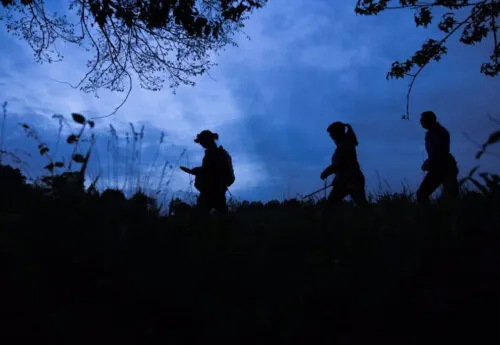 students hiking during dawn