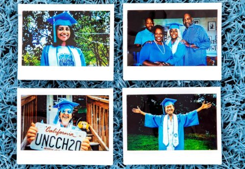 Photo: Polaroid photos made of graduating students from the Class of 2020 are arranged on the field grass at Kenan Stadium on May 1, 2020, on the campus of the University of North Carolina at Chapel Hill. The photos were made via the Zoom video conferencing application due to social distancing requirements as a result of the coronavirus (COVID-19) situation. (Johnny Andrews/UNC-Chapel Hill)