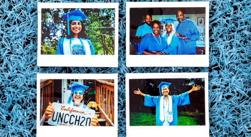 Photo: Polaroid photos made of graduating students from the Class of 2020 are arranged on the field grass at Kenan Stadium on May 1, 2020, on the campus of the University of North Carolina at Chapel Hill. The photos were made via the Zoom video conferencing application due to social distancing requirements as a result of the coronavirus (COVID-19) situation. (Johnny Andrews/UNC-Chapel Hill)