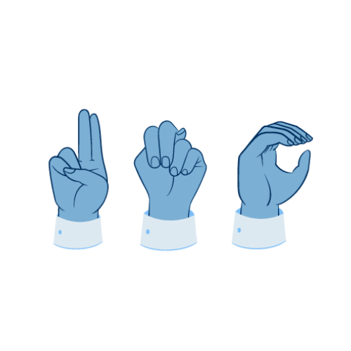 Three hands using American Sign Language to spell out U-N-C