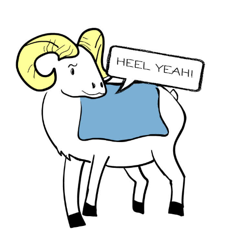 A ram with a word bubble that says "Heels Yeah!"