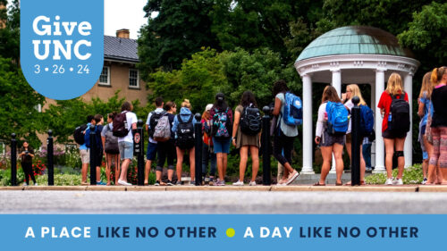 Photo of students in line to drink from the Old Well with the GiveUNC 3.26.24 logo and A Place Like No Other - A Day Like No Other