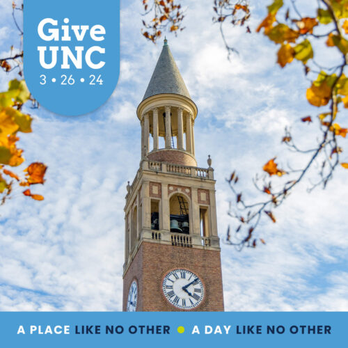 Photo of the Bell Tower with the GiveUNC 3.26.24 logo and A Place Like No Other - A Day Like No Other