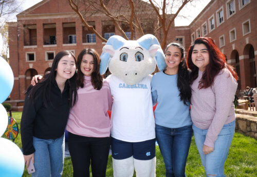 Kenan Flagler Business School Students stand with UNC Mascot RJ.