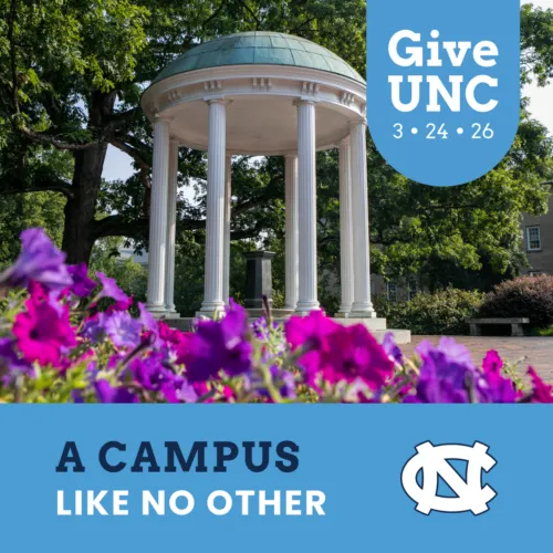Text: A Campus Like No Other Image: The Old Well with blooming purple flowers