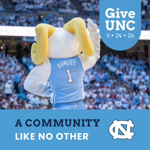 Text: A Community Like No Other Image: Rameses waving in the Dean Dome